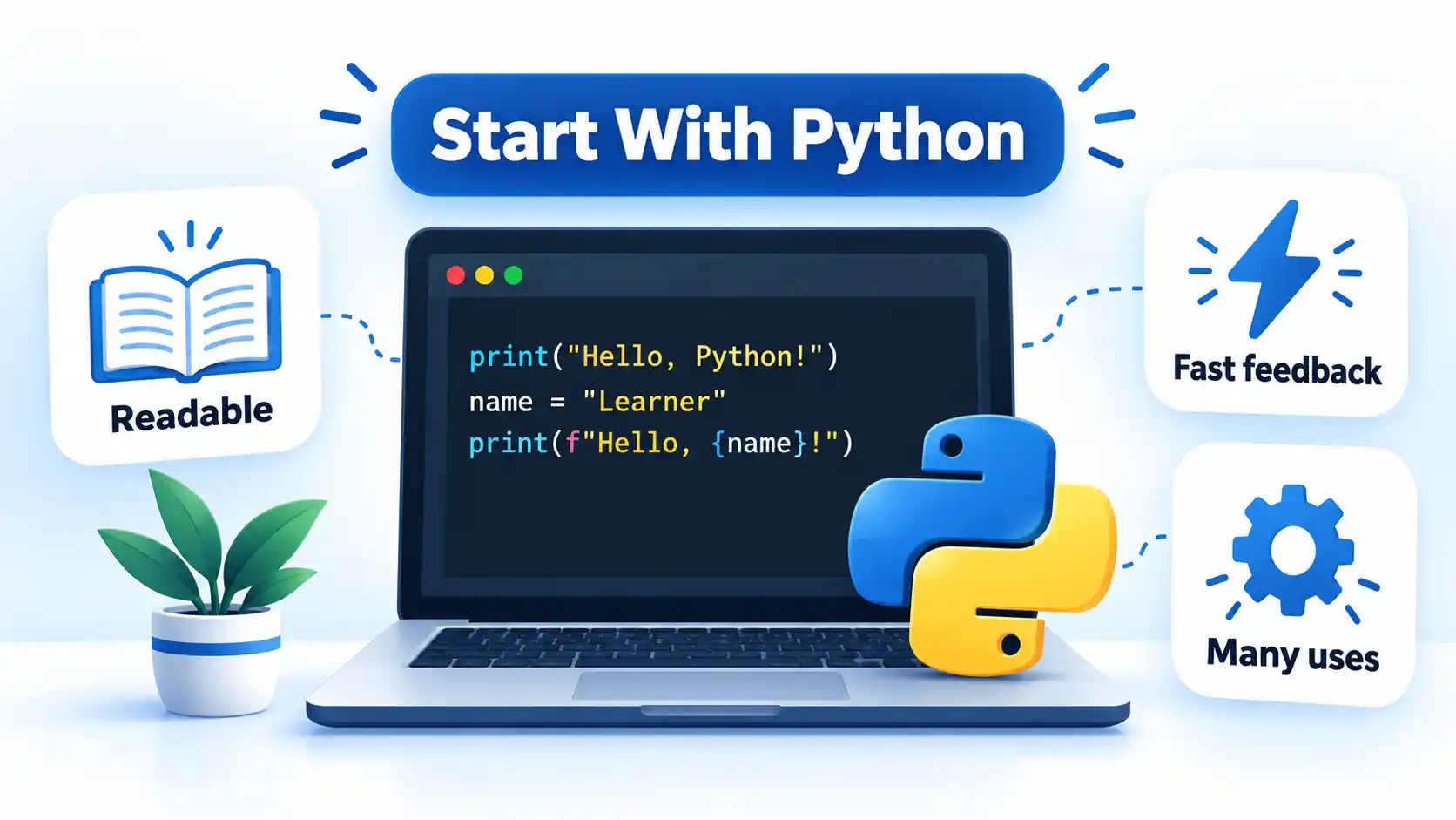 Python code on a laptop with labels Readable, Fast feedback, Many uses, and Start With Python