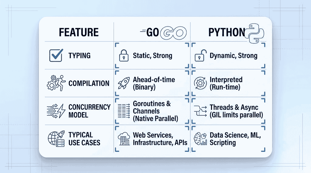 A two-column table comparing Go and Python across Typing (Static vs Dynamic), Compilation (Compiled vs Interpreted), Concurrency (Native vs Limited Parallel), and typical Use Cases.