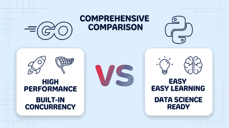 A comparison graphic showing GO with performance icons (rocket, gears) versus PYTHON with feature icons (lightbulb, brain), flanking a central title 'COMPREHENSIVE COMPARISON' and a gradient 'VS'.