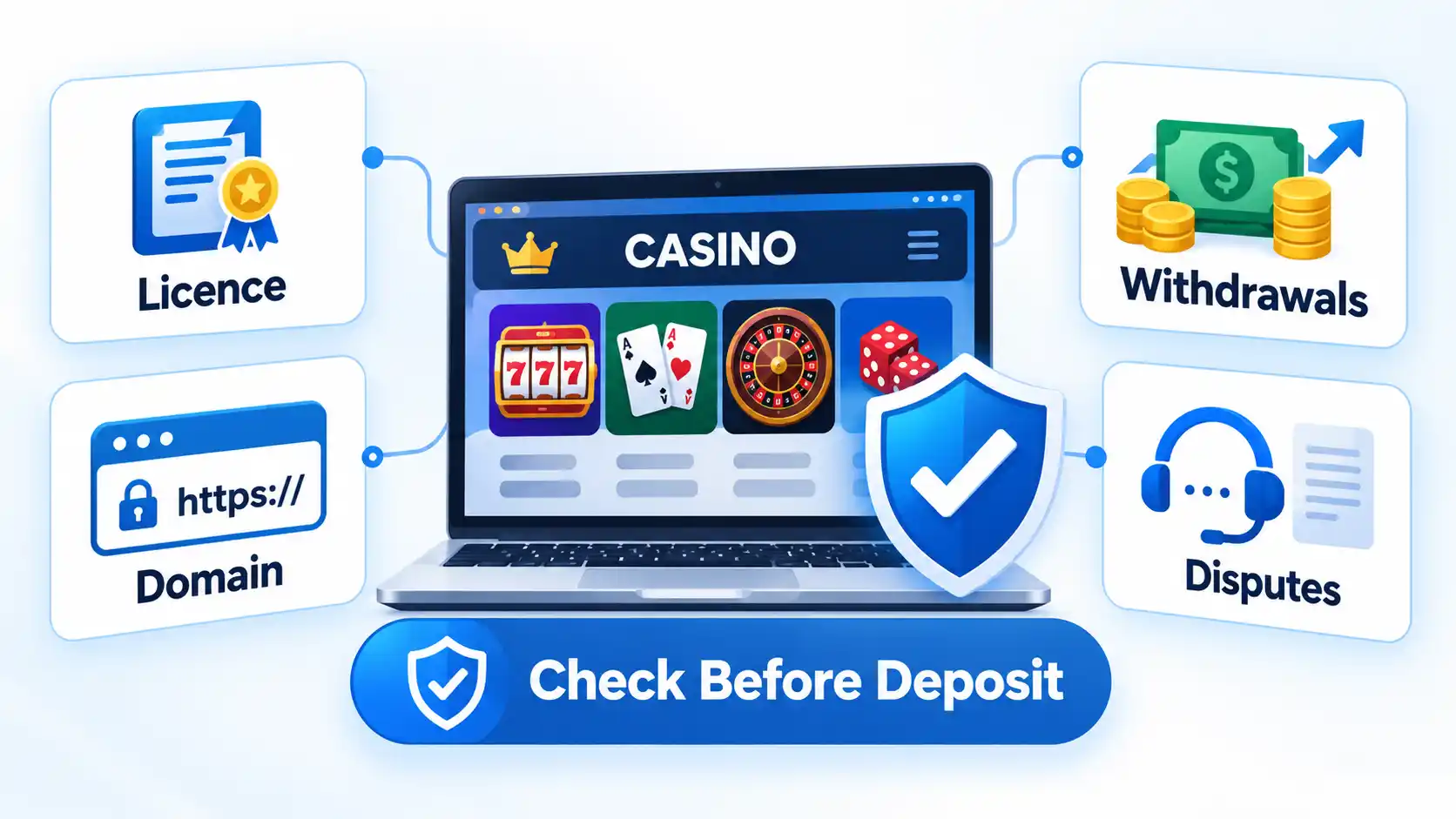 Casino safety check with Licence, Domain, Withdrawals and Disputes cards surrounding a protected casino website.