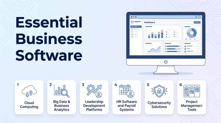 Essential business software infographic showing cloud computing, big data and business analytics, leadership development platforms, HR software and payroll systems, cybersecurity solutions, and project management tools.