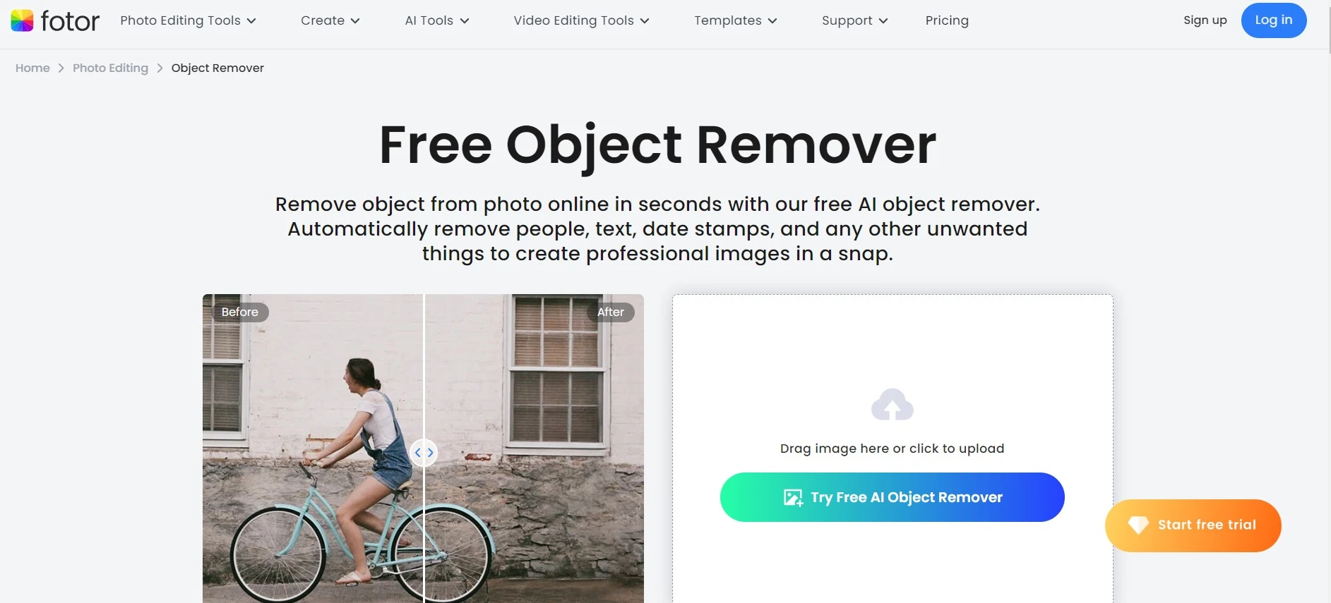 Screenshot of Fotor's Free Object Remover webpage showing a 'before and after' image of a person on a bicycle with the background altered.