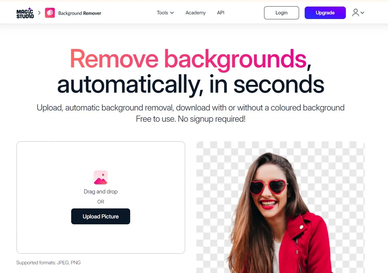 Screenshot of a Magic Studio website featuring a large header that says 'Remove backgrounds, automatically, in seconds' with an example of a woman with a removed background.