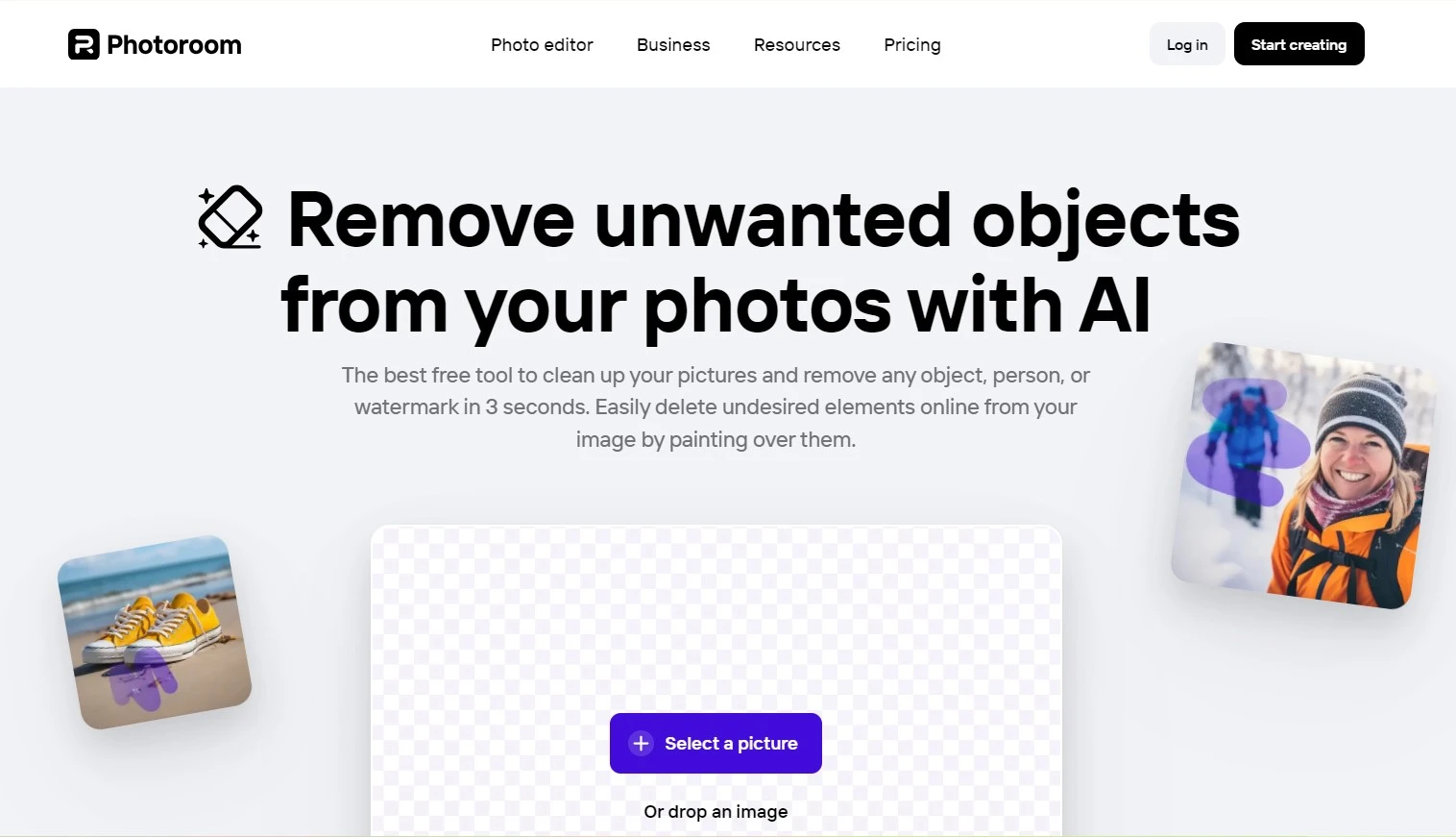 Screenshot of the Photoroom website's homepage featuring the service to remove unwanted objects from photos using AI, with a call-to-action button to select a picture.