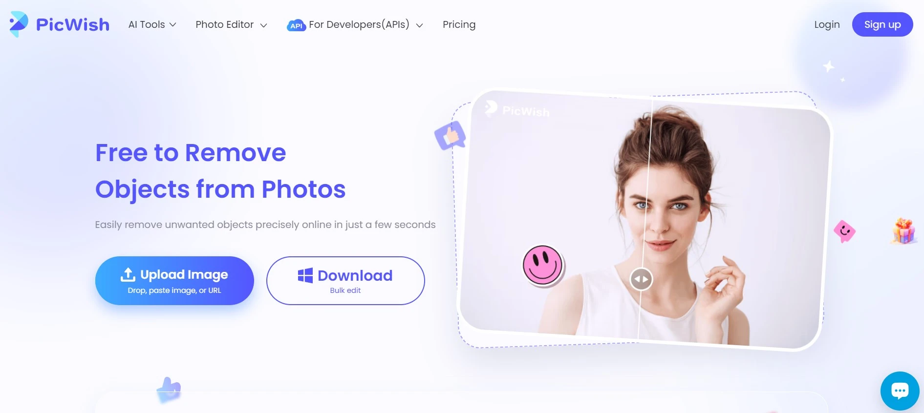 The main page of PicWish's website displaying their object removal feature with a clean design, a smiling woman's photo in the editing preview, and colorful icons and buttons for user interaction.
