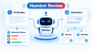 Humbot robot connects AI Checker and Humanizer panels with Detector Scores, Meaning, and Readability cards.