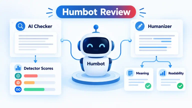 Humbot robot connects AI Checker and Humanizer panels with Detector Scores, Meaning, and Readability cards.