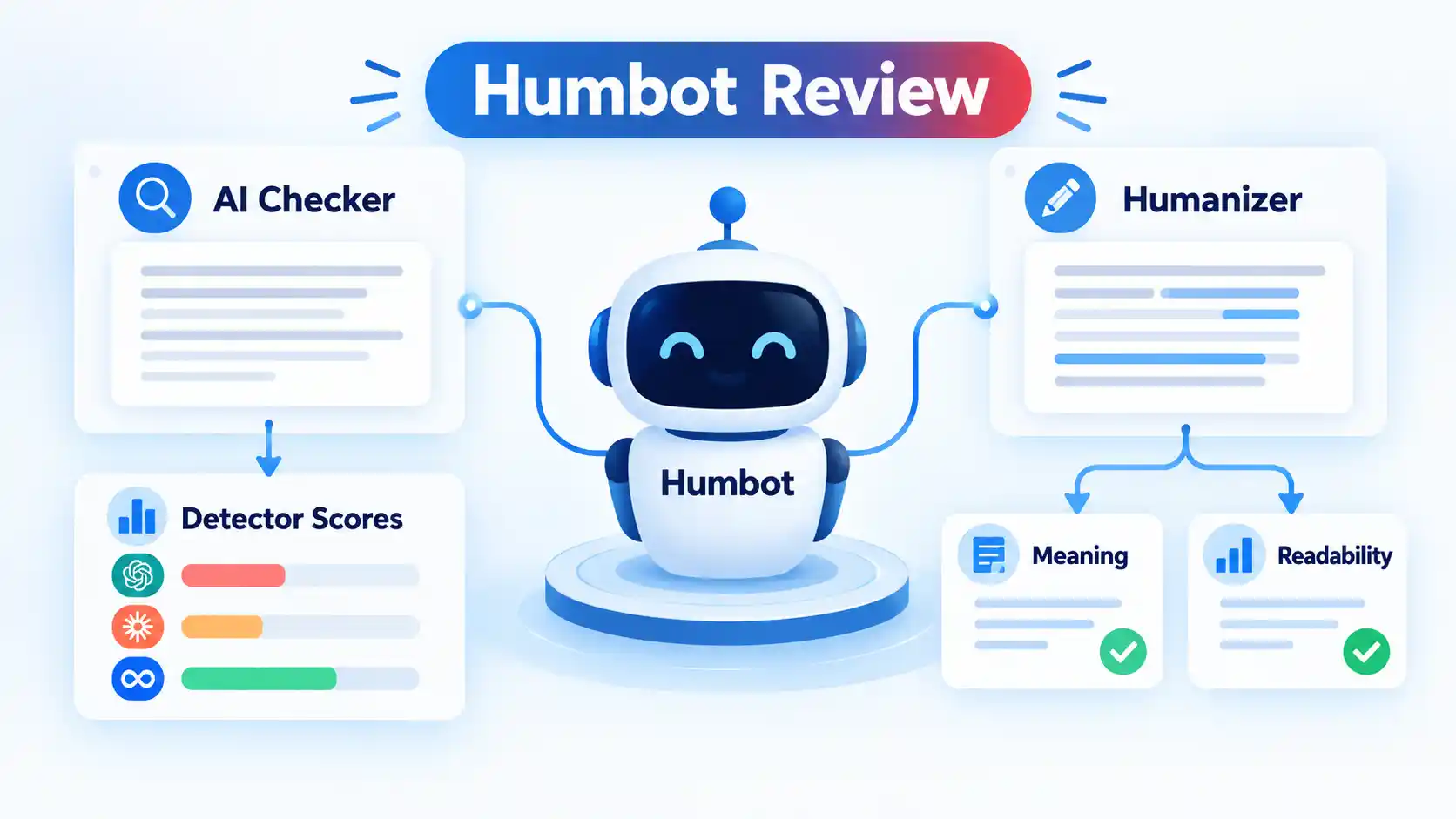 Humbot robot connects AI Checker and Humanizer panels with Detector Scores, Meaning, and Readability cards.