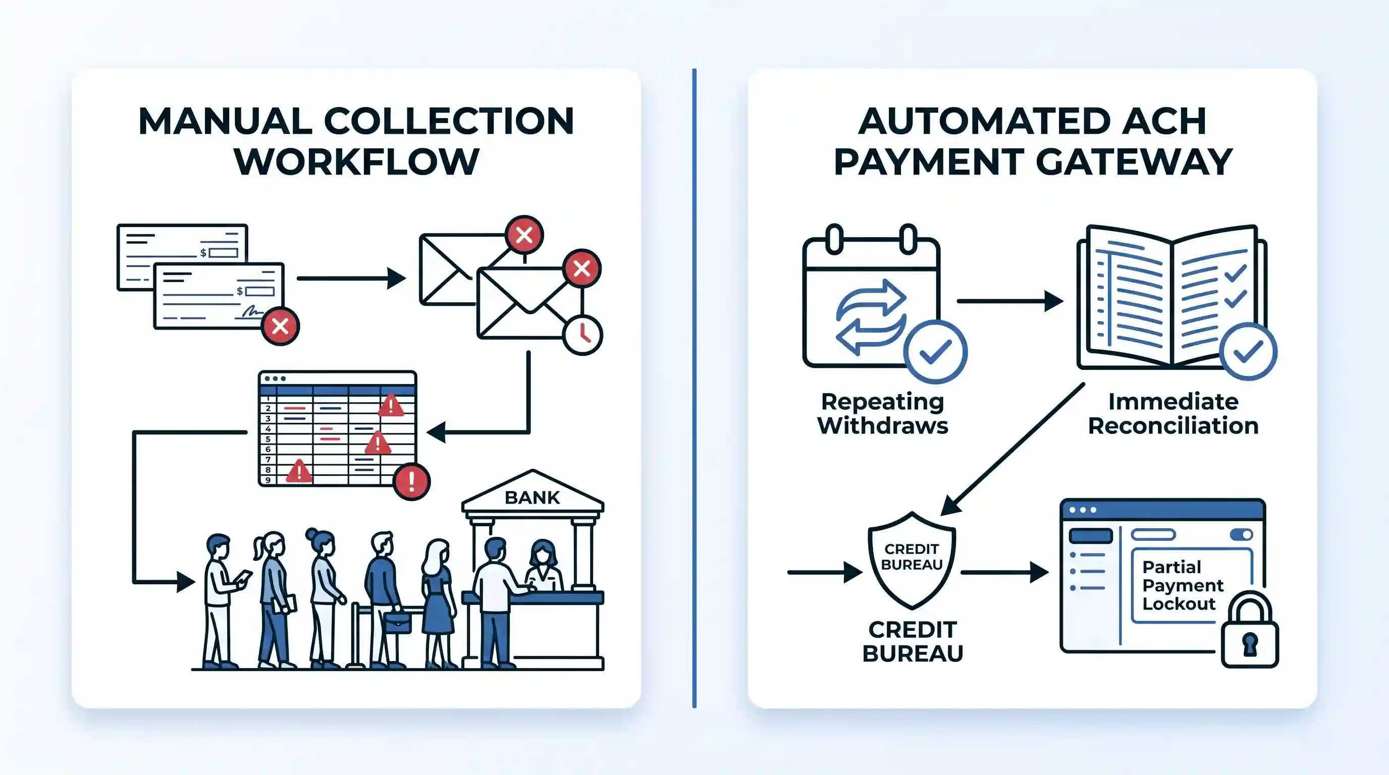 Side-by-side: left shows manual checks/delays, right shows scheduled ACH and instant digital ledger.