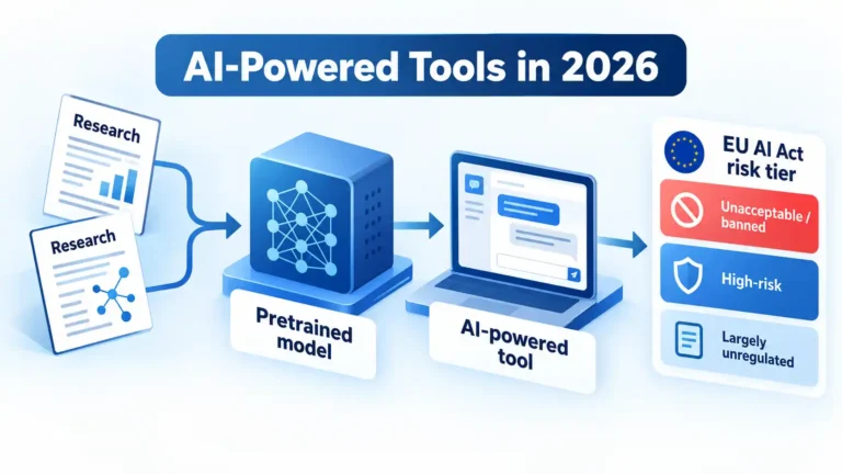 Research papers feed a pretrained model and AI tool, followed by EU AI Act risk tiers: banned, high-risk, and unregulated.