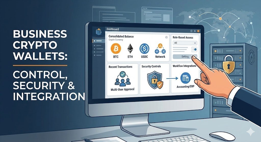 A digital illustration of a business crypto wallet interface on a computer screen, highlighting control, security, and integration features like multi-user approval and role-based access.