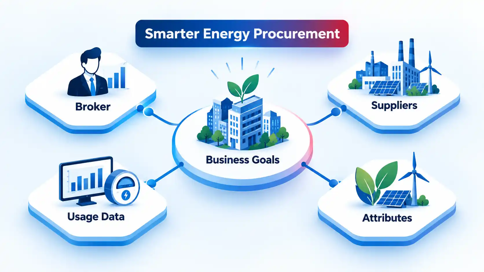 Business Goals hub linked to Broker, Suppliers, Usage Data and Attributes under Smarter Energy Procurement.