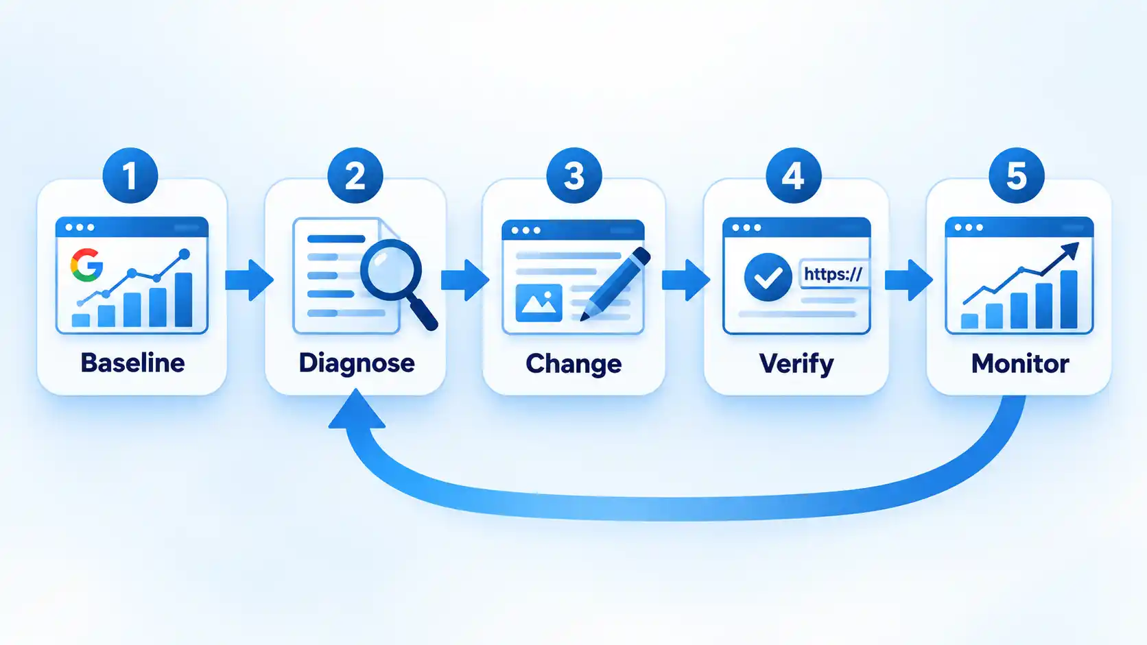Five-step SEO loop: Baseline, Diagnose, Change, Verify, and Monitor, with an arrow returning to Diagnose.