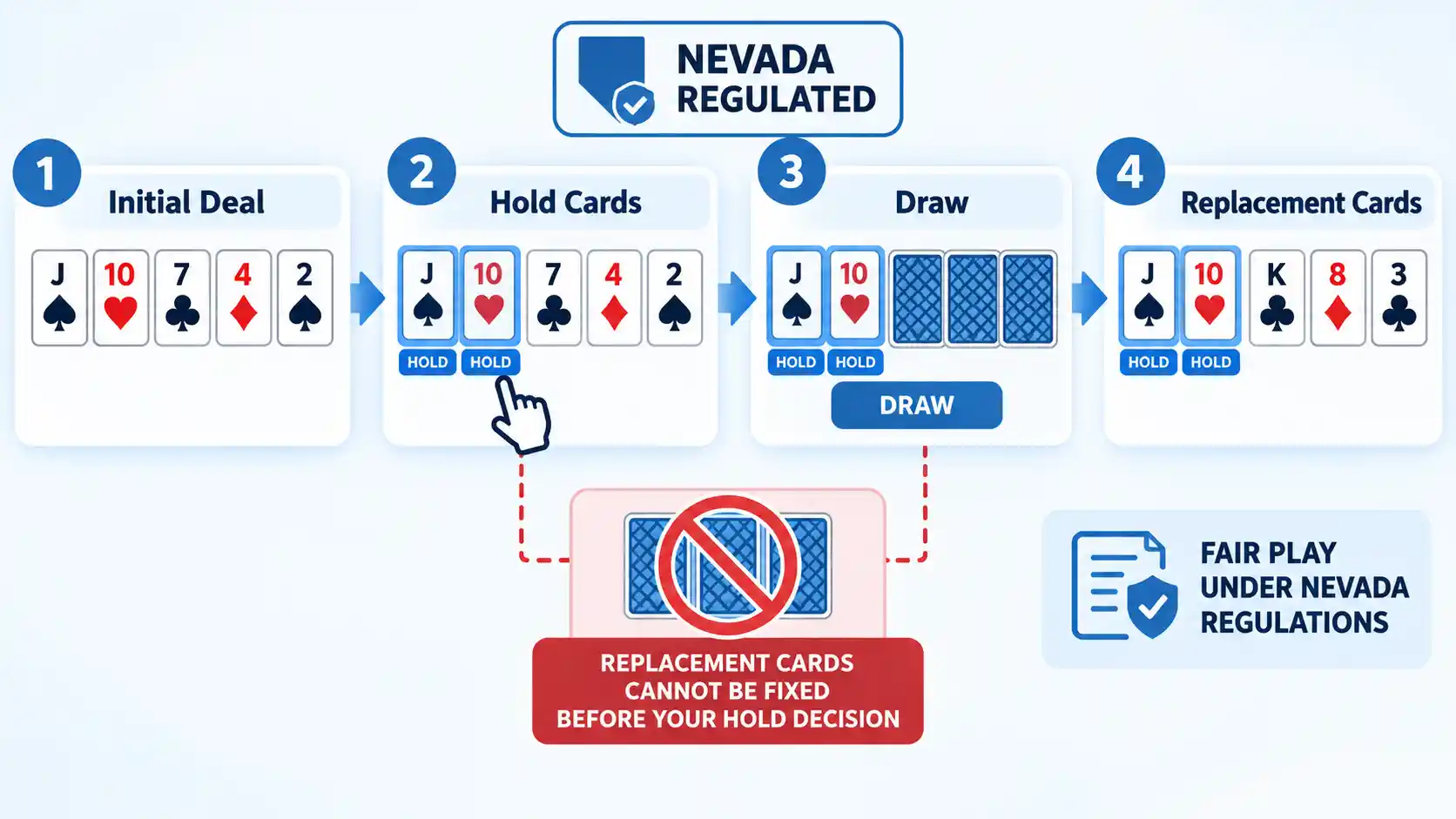 Four-step Nevada video poker flow from Initial Deal and Hold Cards to Draw and Replacement Cards.