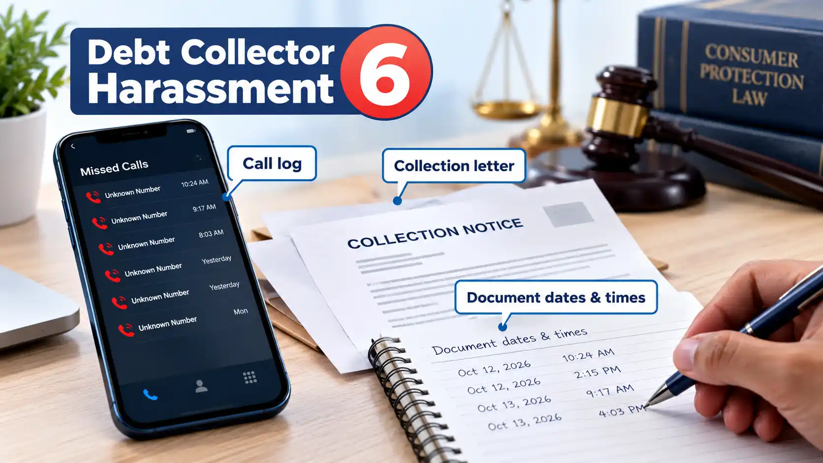 Phone missed-call log, collection letter, and dated notebook beside a gavel under a Debt Collector Harassment 6 heading.