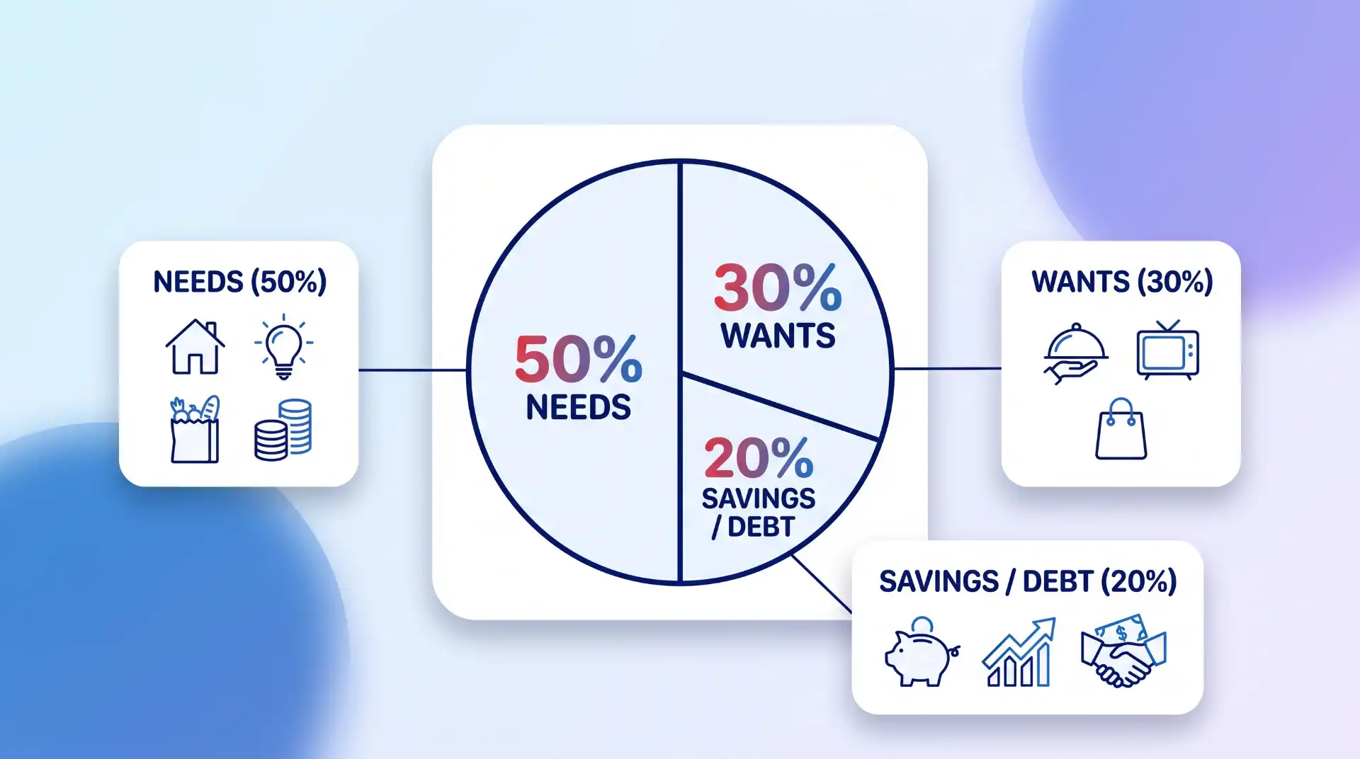A diagram with a central pie chart divided into three labeled segments (50% NEEDS, 30% WANTS, 20% SAVINGS / DEBT). Surrounding cards with icons and labels define each category.