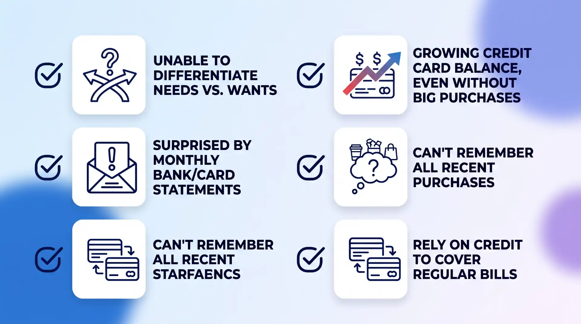 A vertical list of six white rounded-square cards, each displaying a navy blue line art icon and a short, descriptive label like "UNABLE TO DIFFERENTIATE NEEDS VS. WANTS" and "GROWING CREDIT CARD BALANCE".
