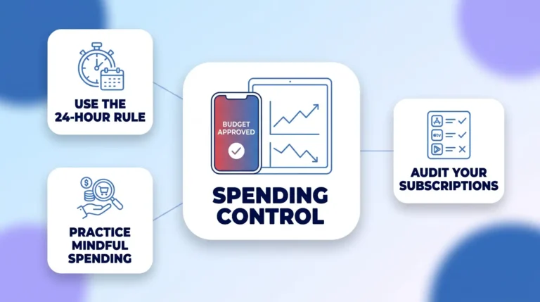 A clean modern illustration showing three informational cards surrounding a central "SPENDING CONTROL" smartphone displaying a budget graph, set against a soft mesh gradient background with blue and violet color bleeds.