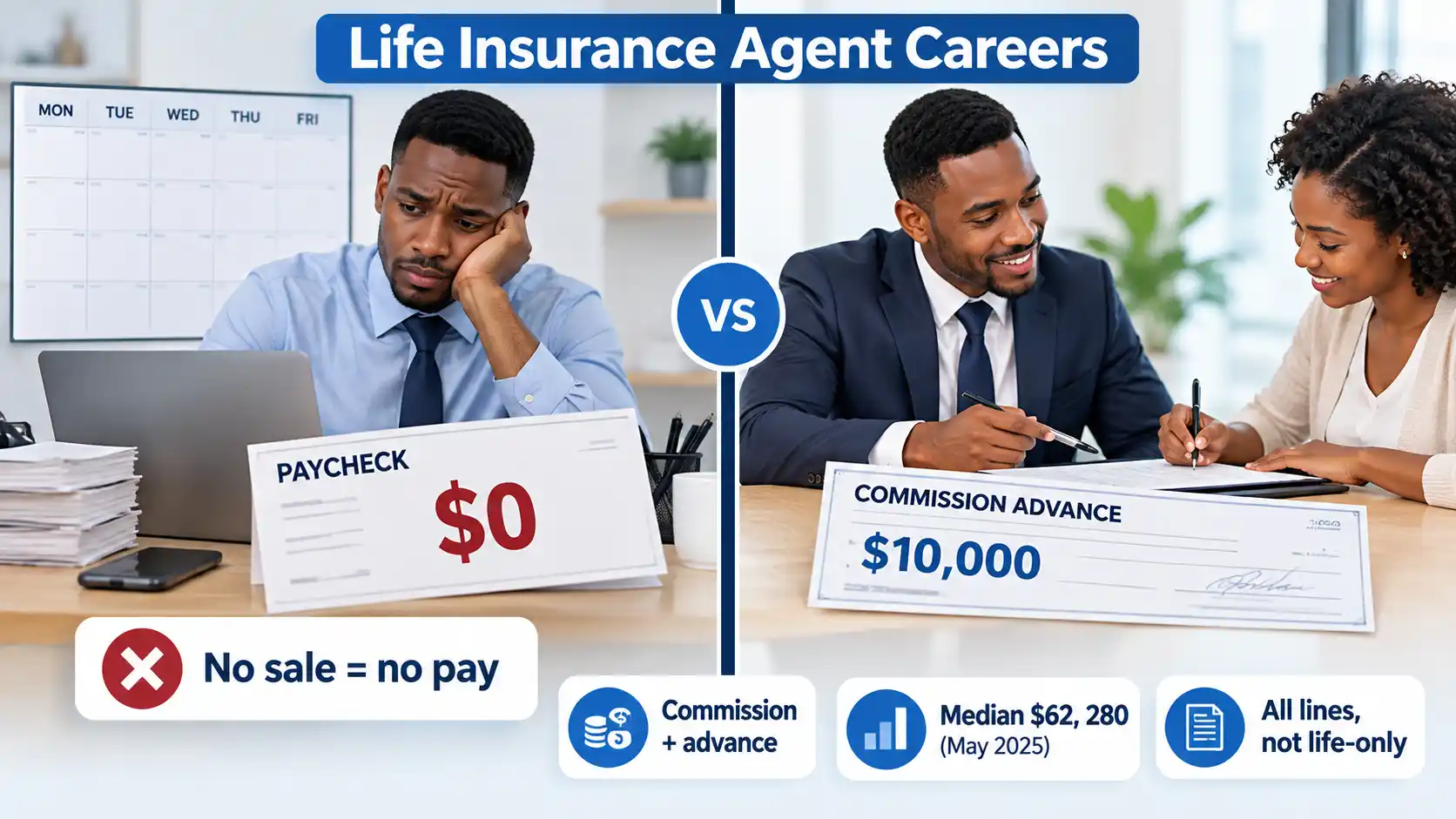Split-screen showing an agent with a $0 paycheck versus a client signing a policy with a $10,000 commission advance.