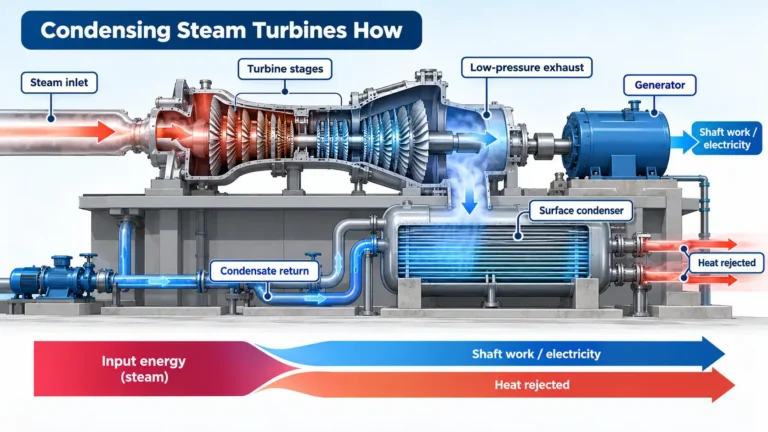 Cutaway steam turbine and generator with condenser, condensate return, and energy split into electricity and rejected heat.