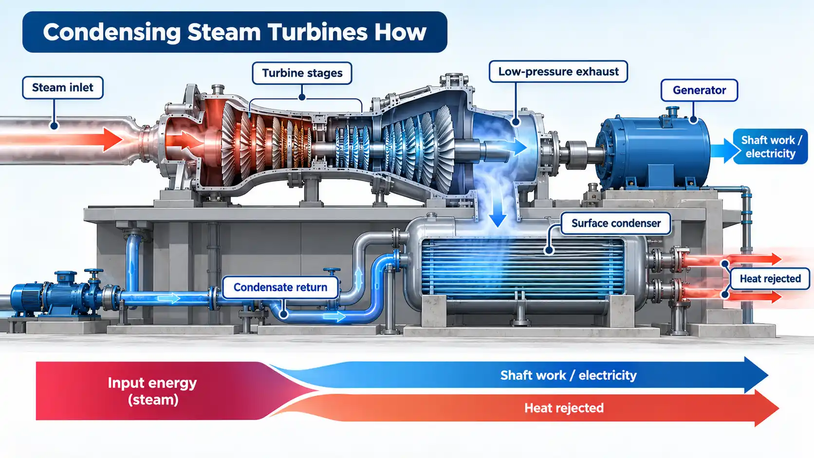 Cutaway steam turbine and generator with condenser, condensate return, and energy split into electricity and rejected heat.