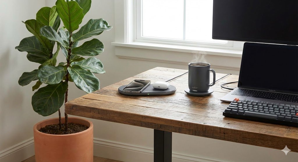 A modern home office desk setup featuring a wireless charging pad, a smart coffee mug, and a potted plant.