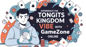 A person holds playing cards, surrounded by cards and dice. Text reads, "Experience the Tongits Kingdom Vibe with GameZone Online." The tone is playful.