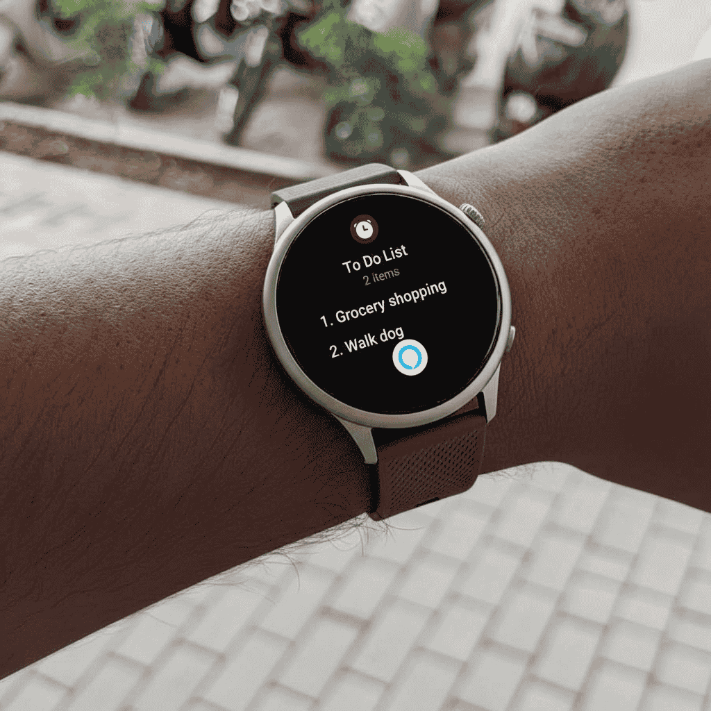 Amazfit GTR 4 A smartwatch on a person's wrist displays a to-do list with two items: "Grocery shopping" and "Walk dog." The background shows a blurred outdoor setting.