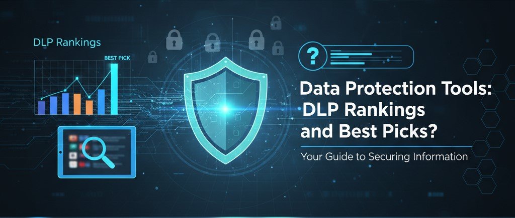 Futuristic digital security display featuring a shield icon surrounded by locks, bar graph titled 'DLP Rankings,' and magnifying glass icon. Text reads, 'Data Protection Tools: DLP Rankings and Best Picks? Your Guide to Securing Information.
