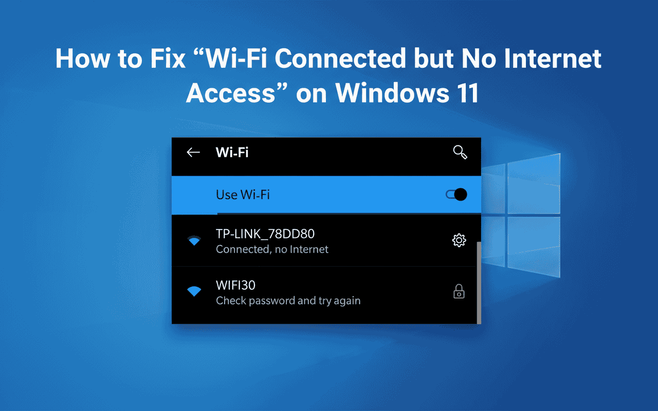 Alt text: "Windows 11 Wi-Fi settings dialog showing networks with connection issues. Blue background with text 'How to Fix “Wi-Fi Connected but No Internet Access” on Windows 11.'"