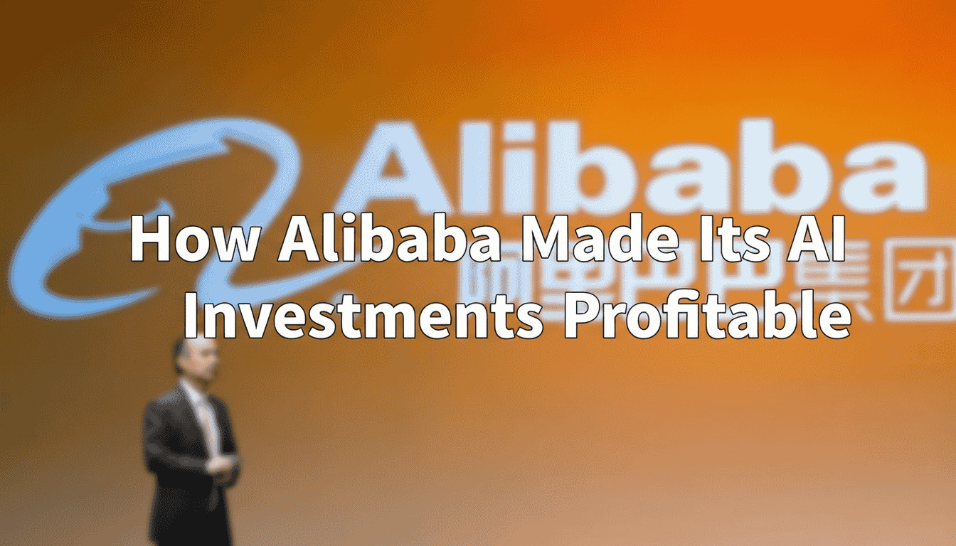 Blurred presentation with a person in front of an orange backdrop featuring the Alibaba logo and text: "How Alibaba Made Its AI Investments Profitable."