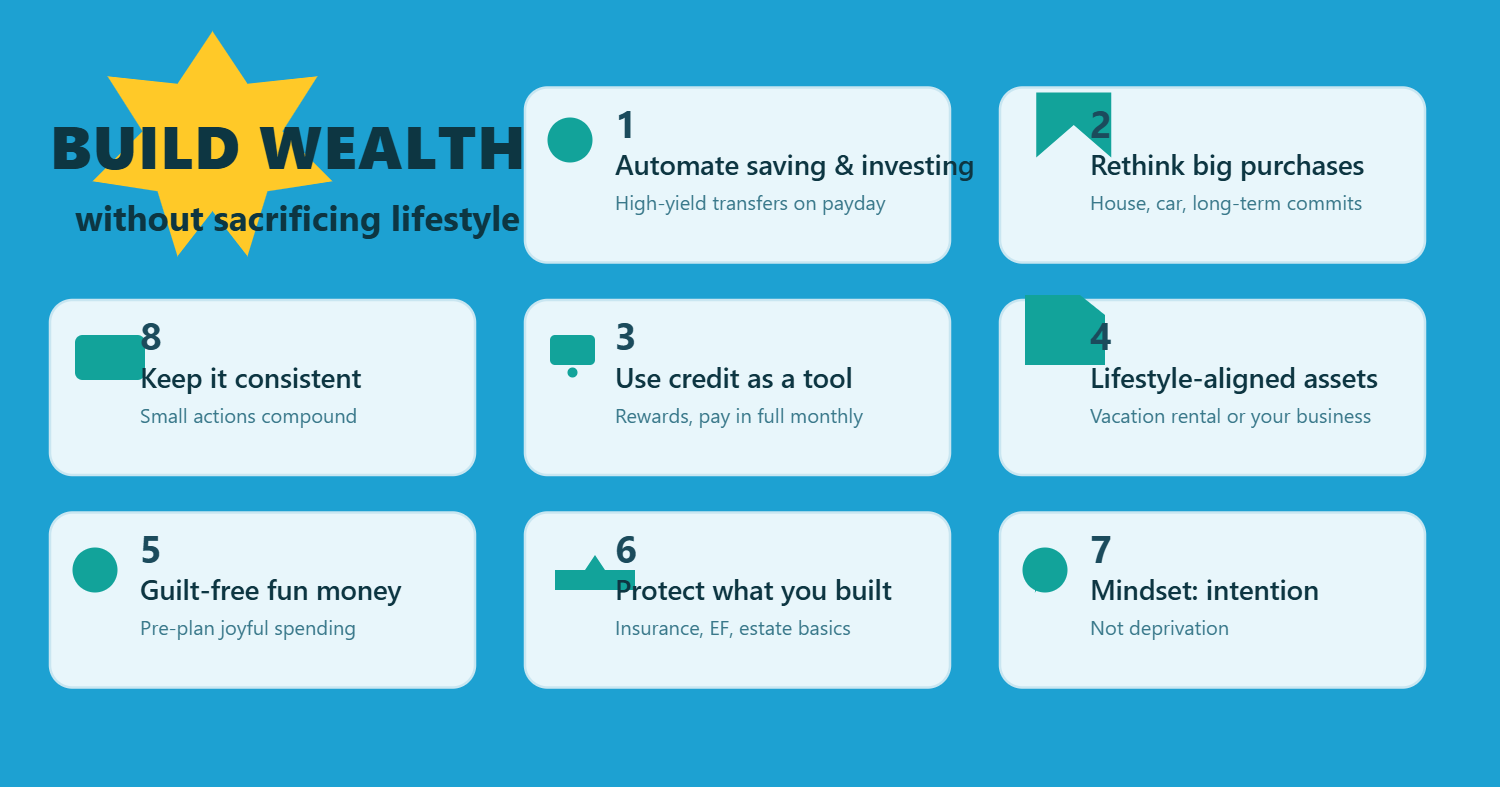 Graphic titled 'Build Wealth without sacrificing lifestyle' on blue background. Eight financial tips include automating savings, rethinking big purchases, using credit wisely, choosing aligned assets, allocating fun money, protecting assets, maintaining mindset, and keeping consistency.