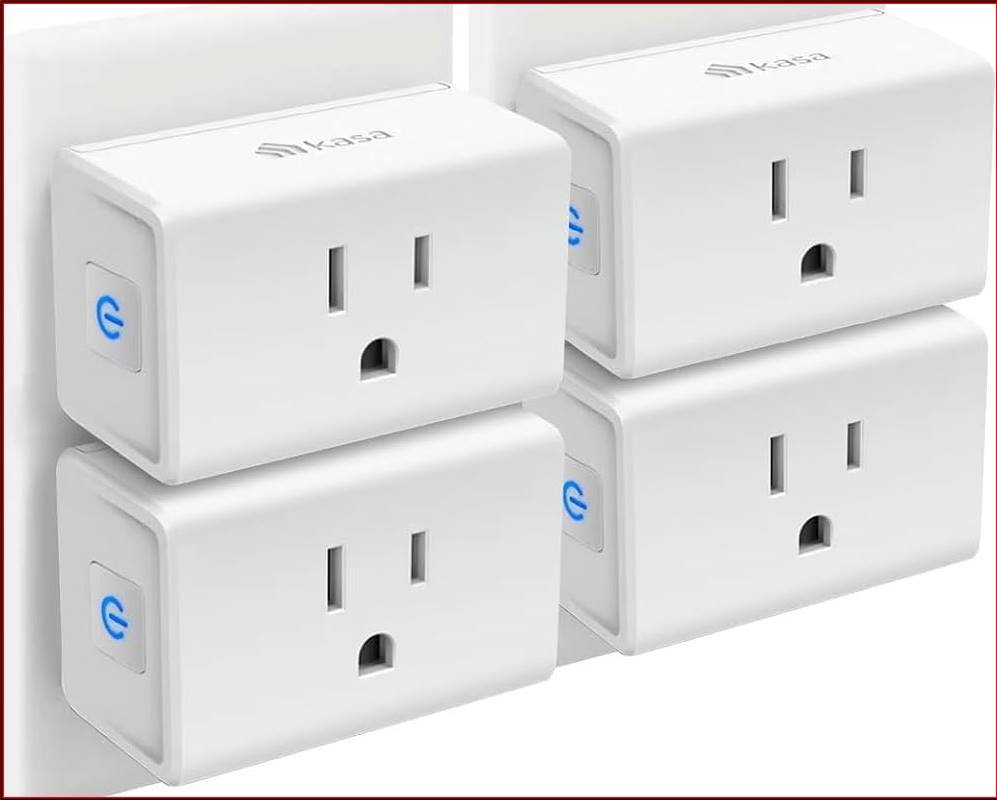 Kasa Smart WiFi Hub Four white Kasa Smart WiFi Hub are shown in a wall outlet, each displaying a blue power symbol. The setup looks modern and organized, conveying efficiency.