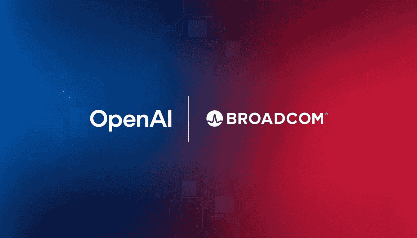 OpenAI and Broadcom logos on a gradient background blending blue to red, separated by a vertical line, suggesting partnership or collaboration.