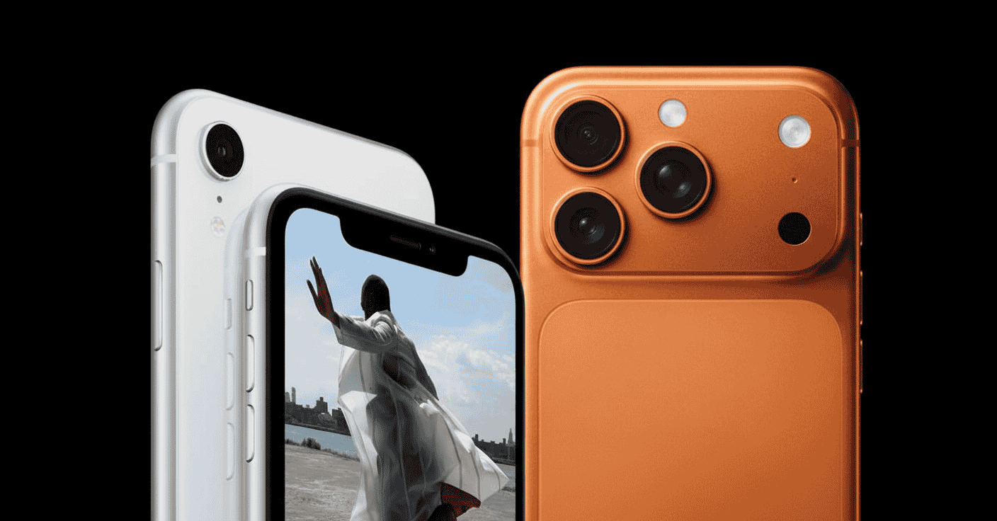 A white iPhone XR shows a person with an outstretched arm on its screen. Next to it, an orange iPhone 17 Pro Max features three rear cameras under soft lighting.