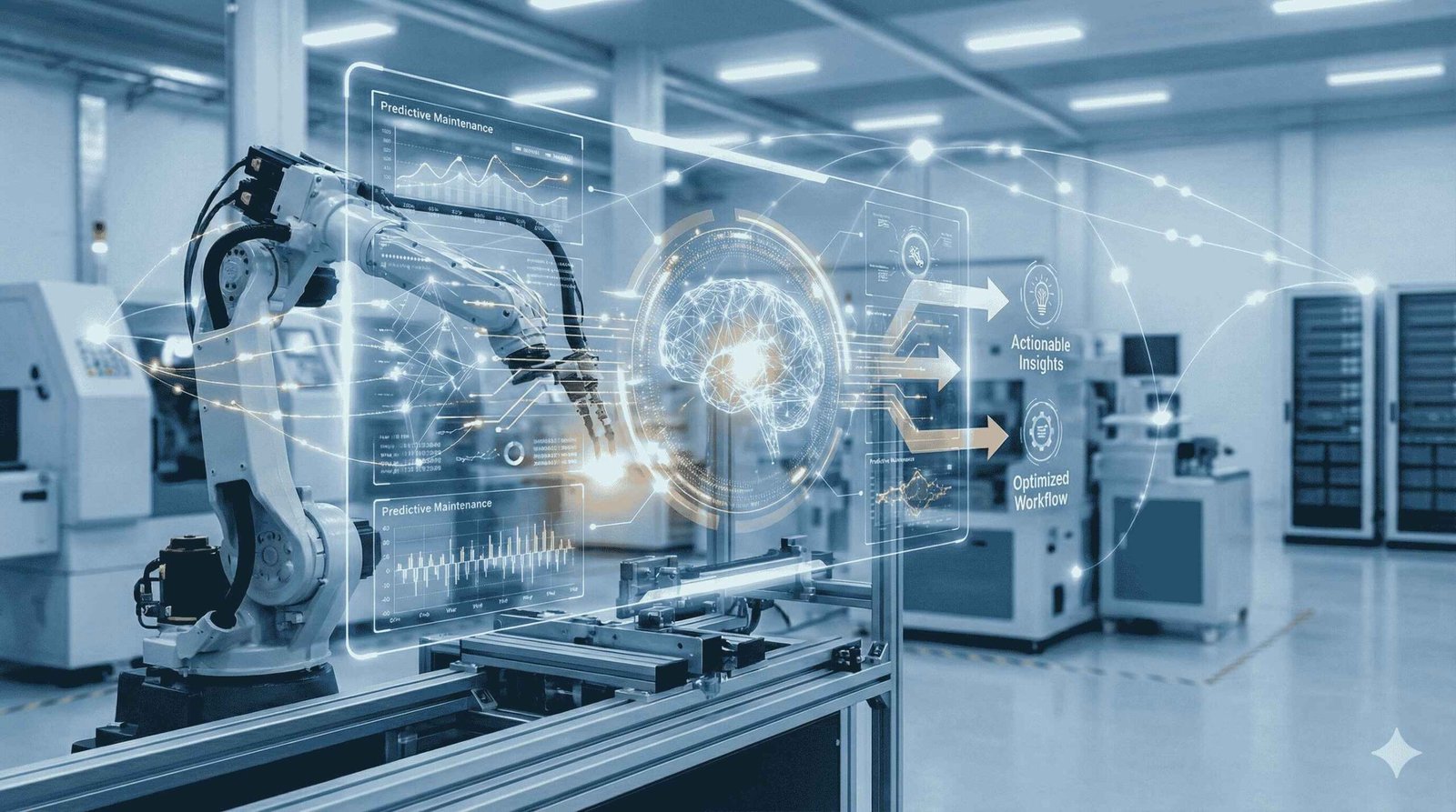 Robotic arm in a high-tech factory with digital screens displaying a globe, charts, and data icons, symbolizing automation and innovation.