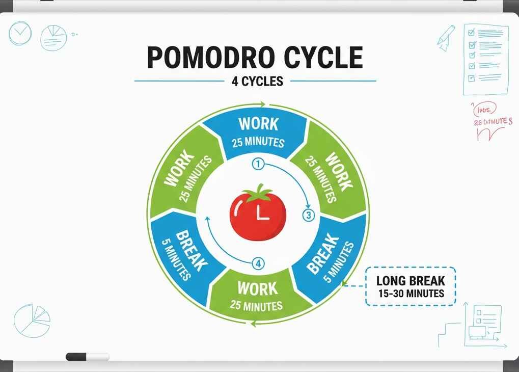 Diagram of the Pomodoro Cycle with 4 cycles. Blue segments for 25-minute work sessions and green for 5-minute breaks. Tomato icon at center.