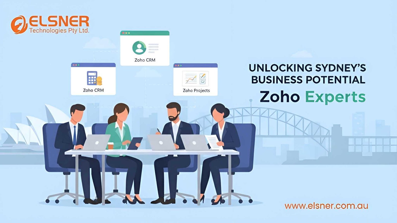 Four professionals work on laptops in an office setting with Sydney's skyline in the background. The text highlights Zoho CRM and business potential.