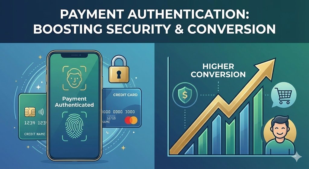Split image showing payment authentication and conversion. Left: Smartphone with "Payment Authenticated" next to credit cards and padlock. Right: Upward graph labeled "Higher Conversion" with a happy person and shopping cart icon. Theme: Security, growth.