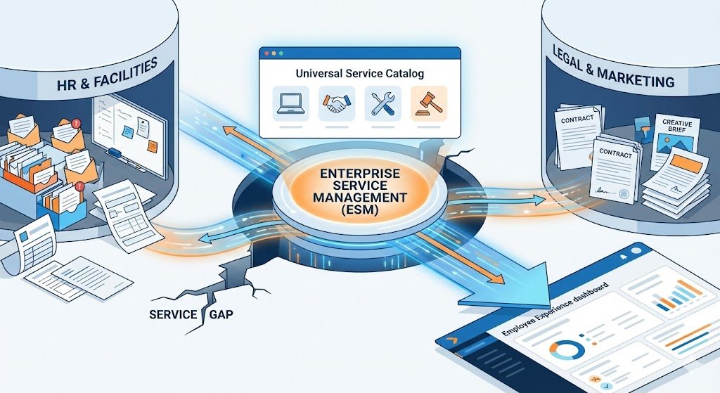 Infographic explaining Enterprise Service Management (ESM) benefits: transforming manual workflows from HR, Facilities, Legal, and Marketing into a digital Universal Service Catalog to improve the employee experience.