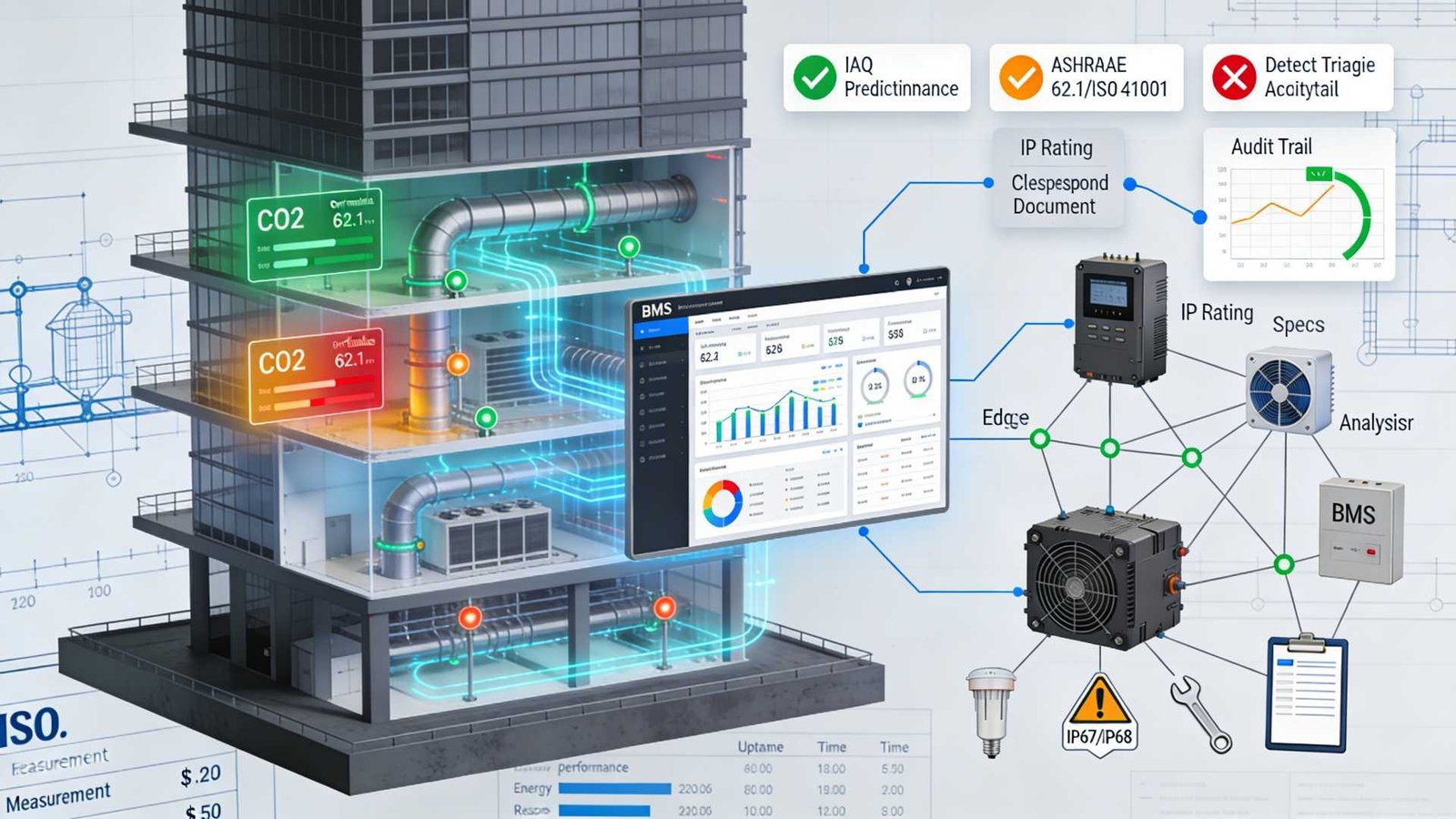 Illustration of a building with exposed ventilation showing CO2 levels. Connected screens display airflow data and analytics. Futuristic and technical.