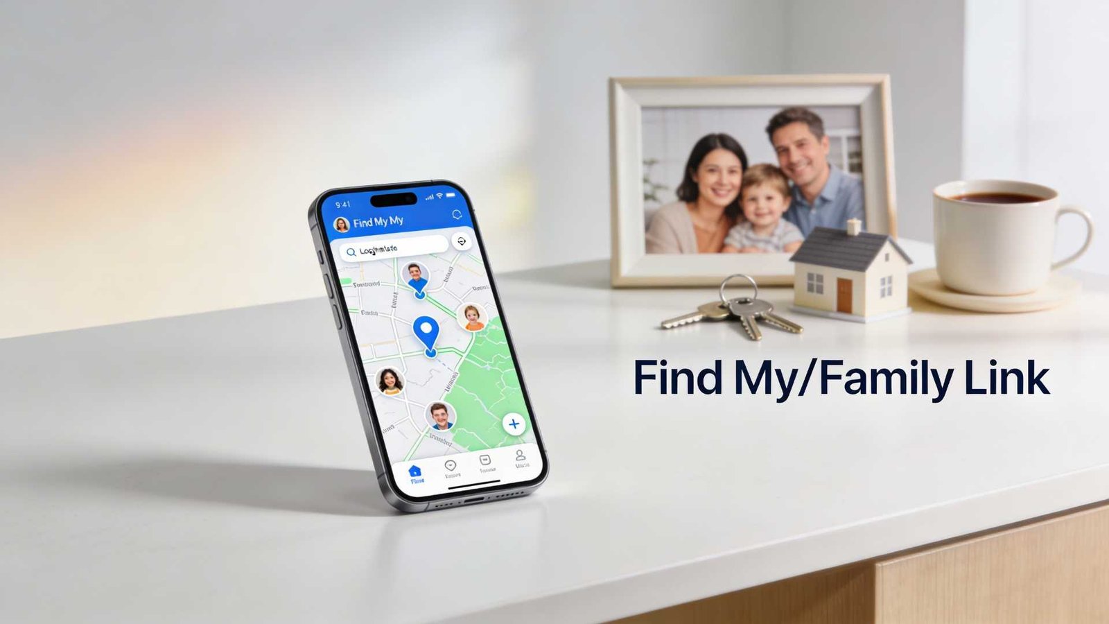 Smartphone on a table displaying a family tracking app. Nearby, a family photo, keys, a small house model, and a coffee cup create a cozy, family-oriented scene.