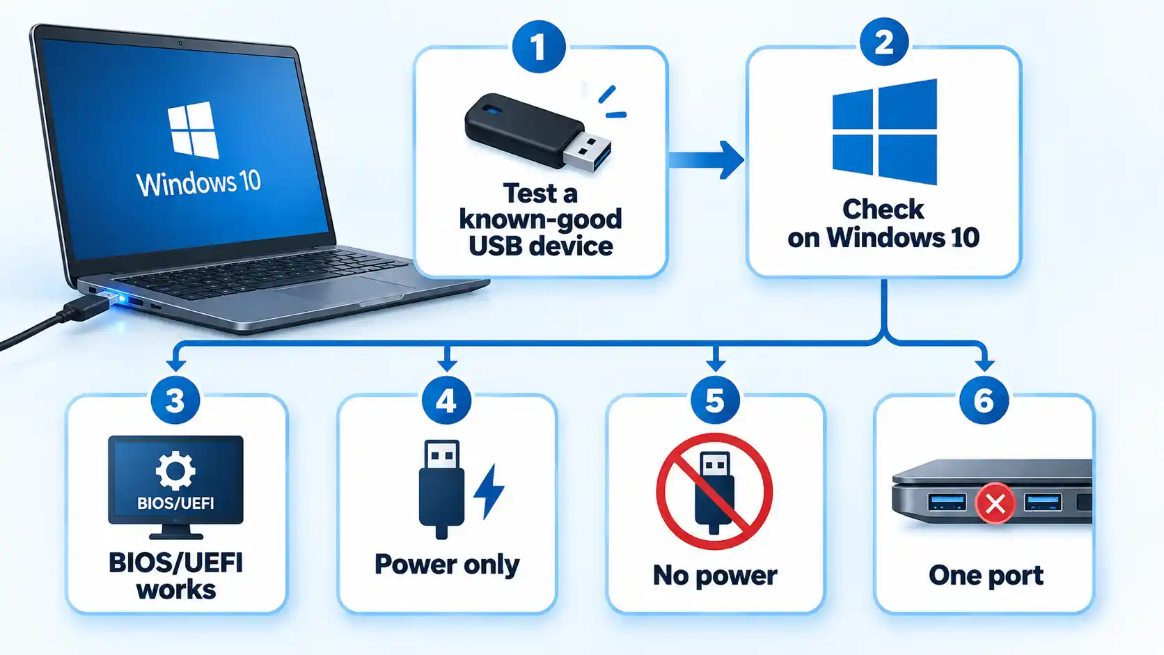 USB device test flowchart branching to BIOS/UEFI works, Power only, No power, and One port outcomes.
