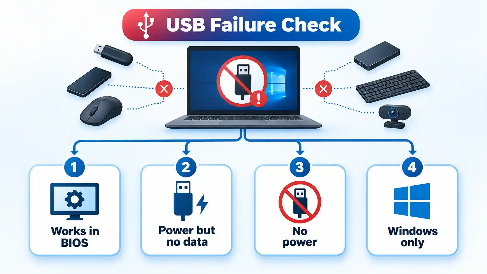 Windows 10 laptop USB failure flowchart with Works in BIOS, Power but no data, No power, and Windows only branches.