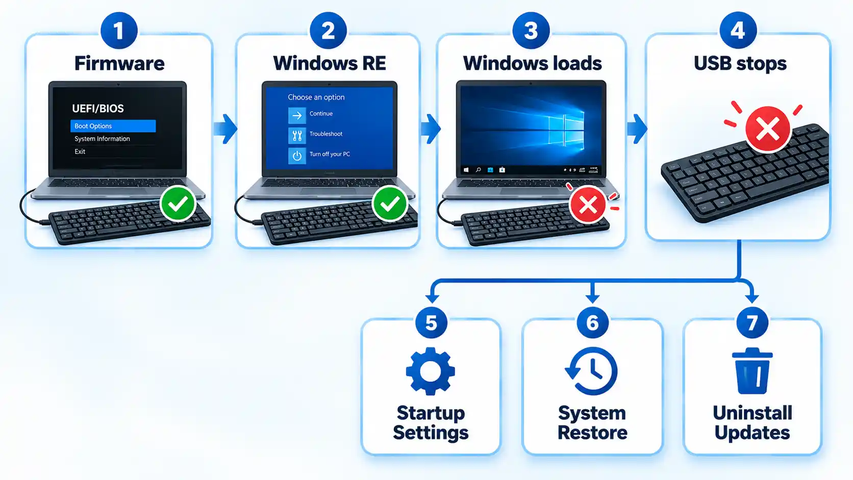 USB keyboard works in Firmware and Windows RE, then stops as Windows loads, with three recovery options.