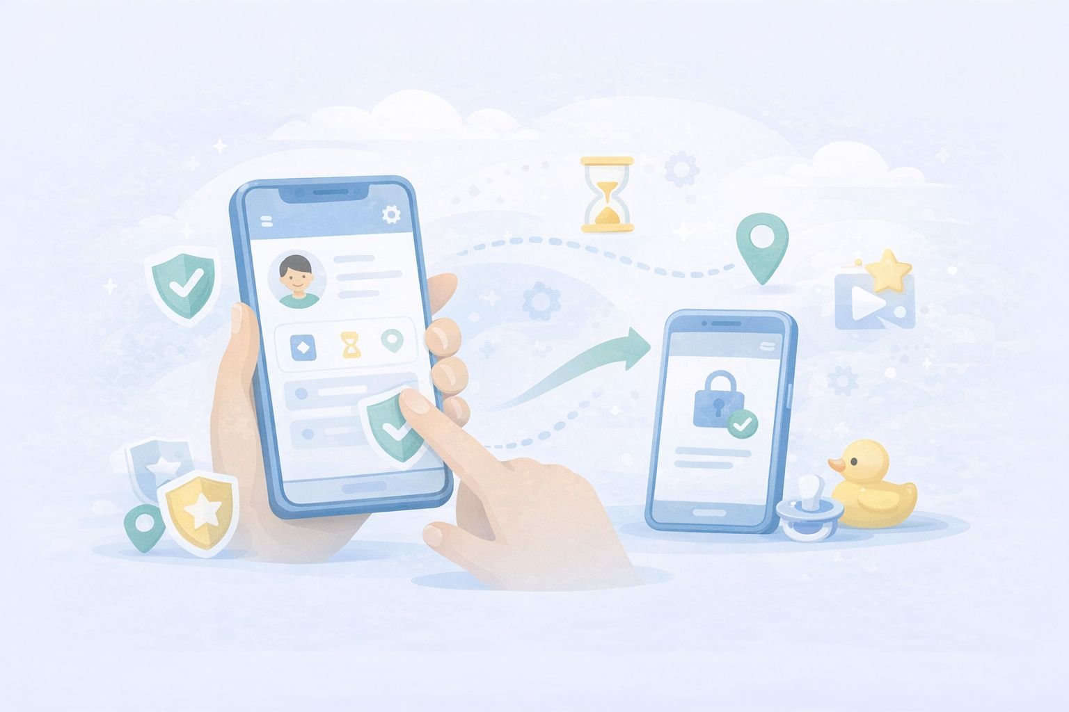 Google Family Link parental control illustration showing a parent setting screen time, location tracking, and content restrictions on a child's locked Android phone.