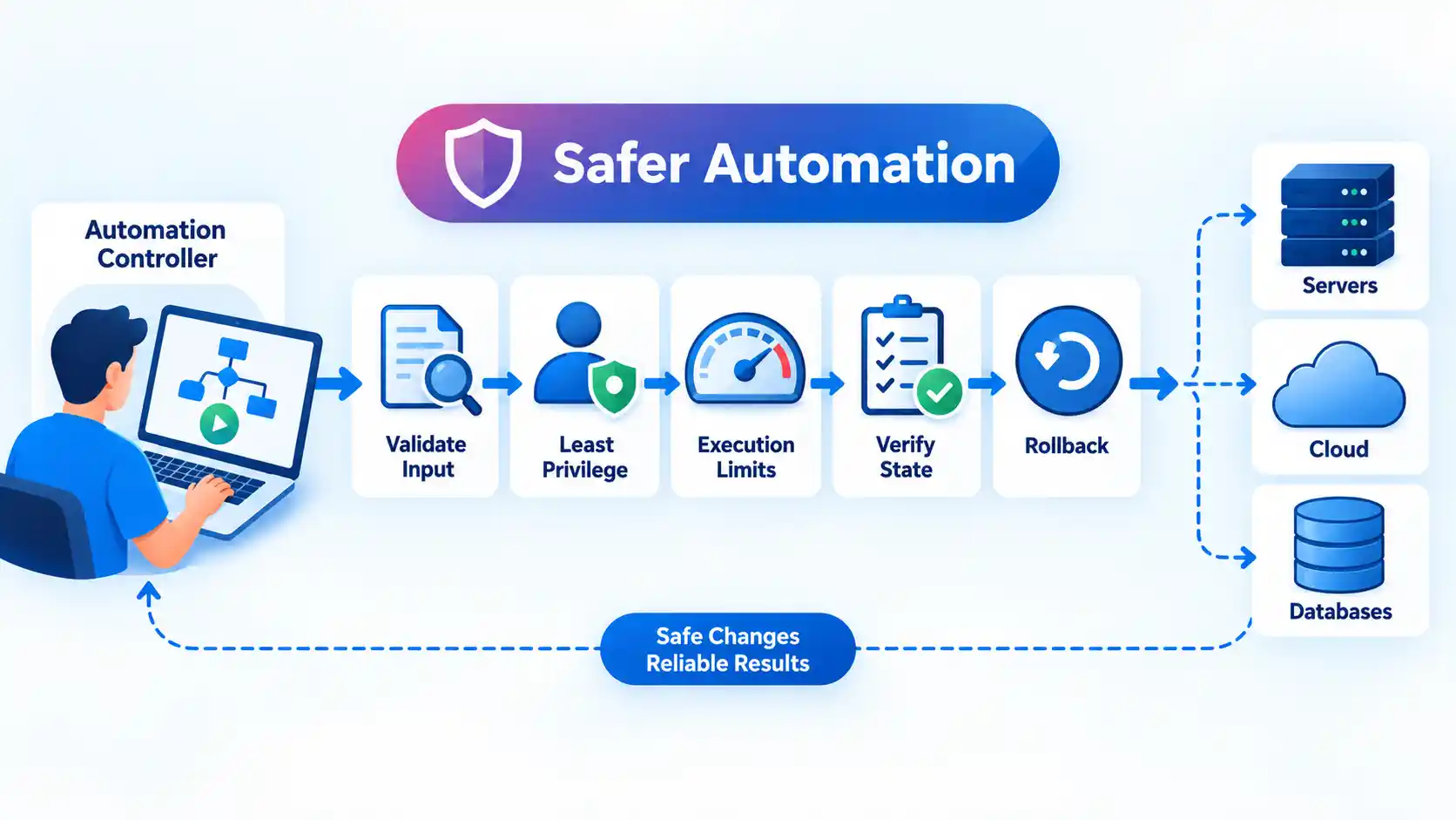 Safer Automation flow through validation, least privilege, execution limits, verification, and rollback to IT resources.