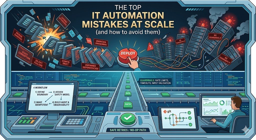 Infographic titled “The Top IT Automation Mistakes at Scale (and how to avoid them)” illustrating common issues faced when deploying IT automation at scale. The image shows a chaotic situation with various errors like state corruption, config drift, silent failures, and unpinned dependencies. A large "DEPLOY" button represents the risk of triggering these mistakes without proper safeguards. Below, a set of best practices for workflow includes defining boundaries, designing a safety model, ensuring idempotency, and implementing audit & observability. Additionally, the image emphasizes the importance of safety measures such as rate limits, timeouts, and input validation.