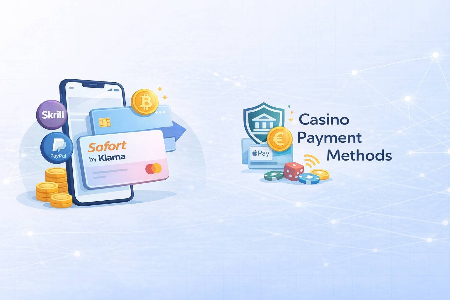 Casino payment methods illustration showing Skrill, PayPal, Sofort by Klarna, Bitcoin, Mastercard, Apple Pay, euro coins, and casino chips with a secure bank shield.