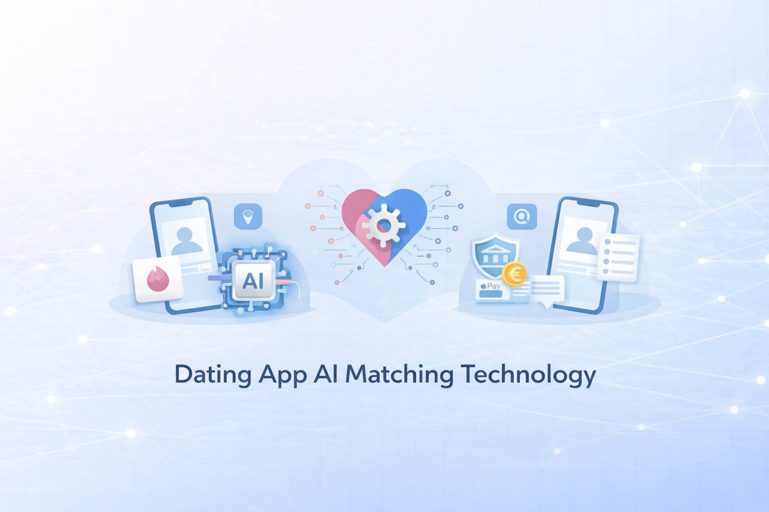 Dating app AI matching technology illustration showing two smartphones with user profiles, an AI chip, Tinder flame icon, a gear-embedded heart, bank security shield, euro coin, and Apple Pay icon on a light blue background.